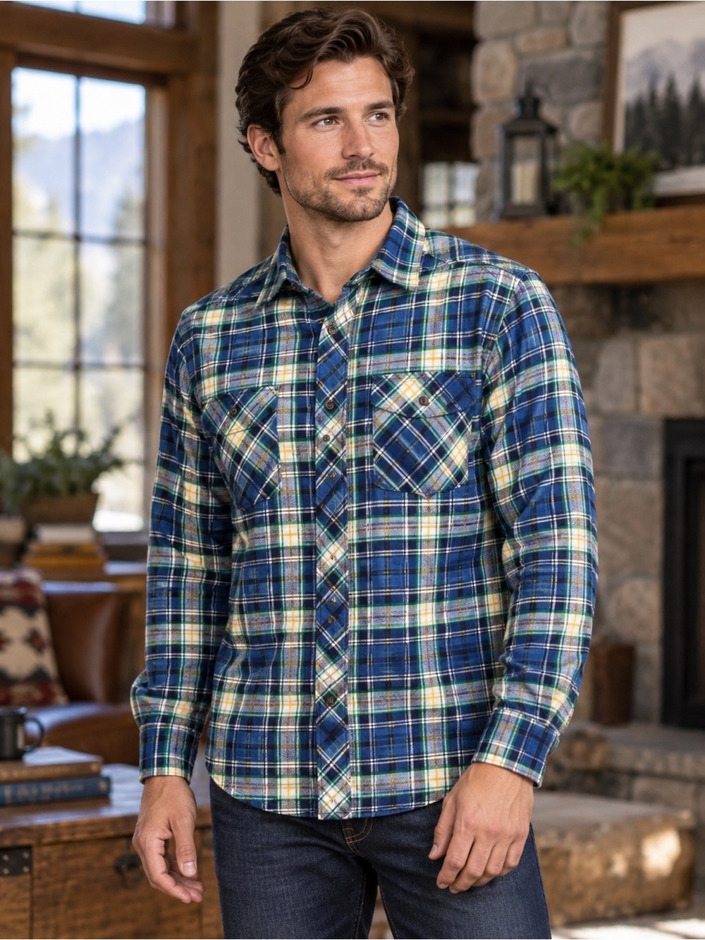 Wear First Men’s S Plaid Cotton Blend Western Shirt Blue Green Workwear Pockets